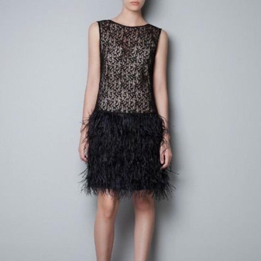 Zara black lace mini dress with feather skirt